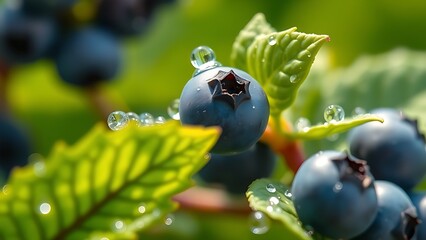 Close-up view of fresh blueberry leaves glistening with morning dew, highlighting delicate textures against a soft green backdrop.