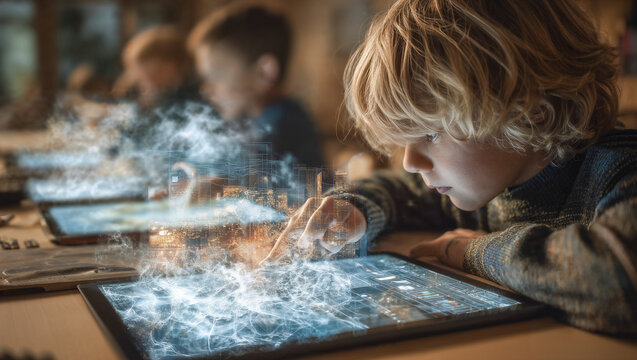 A young boy uses a tablet, exploring digital technology with futuristic visual effects.