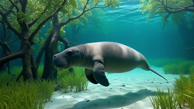 Gentle manatee glides through sunlit shallow water surrounded by lush green seagrass and mangrove roots
