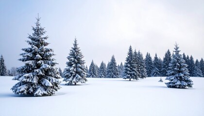 Fototapeta premium Tranquil Winter Landscape Featuring Majestic Fir Trees Blanketed in Fresh Powdery Snow Under Blue Sky