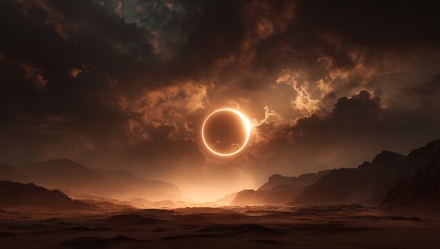 Fiery portal opens in dramatic smoky sky above alien landscape. - Powered by Adobe