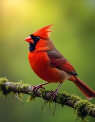 Northern Cardinal standing on mossy branch in sunlight