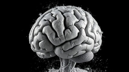 A surreal monochrome brain sculpture covered in delicate cracks and dust, representing rapid aging.