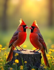 Two male Northern Cardinals on tree stump surrounded by yellow flowers