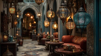 Obraz premium Moroccan Interior Decor With Hanging Lanterns And Warm Lighting