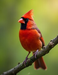 Male Northern Cardinal perched on diagonal branch in forest