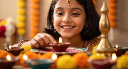 Smiling young Indian girl in traditional dress lighting a diya. Happy child celebrating the Diwali festival of lights with oil lamps and decorations.