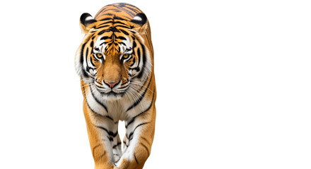 Obraz premium Isolated tiger walking wildlife animal bengal tiger predator feline carnivore big cat nature zoo orange stripes