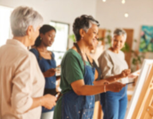 People from various ethnic backgrounds participating in a community art project, emphasizing creativity and collaboration, with the background softly blurred