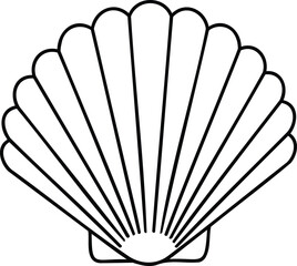 A simple black and white line drawing of a scallop shell with radiating lines on a white background