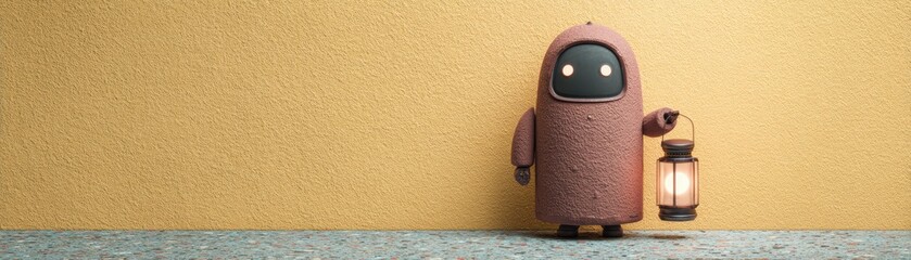 A cute, cartoonish character holding a lantern stands against a textured yellow wall, creating a whimsical atmosphere, cute ai robot banner