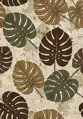 Seamless Tropical Monstera Leaves Pattern in Earthy Tones for Textile and Interior Design Backgrounds