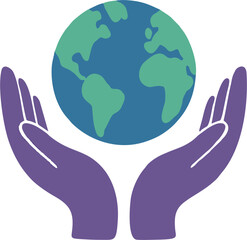 Flat vector of purple hands gently holding the Earth, symbolizing global care, environmental protection, sustainability, unity, and world peace in minimal style.