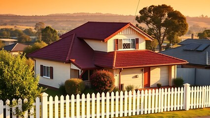 Charming single-story suburban house with a red roof and white picket fence under sunny skies.