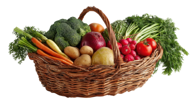 Fresh organic vegetables and fruits in a wicker basket, isolated on white background
