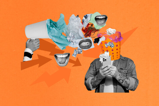Trend artwork sketch design montage 3D collage of man body head trash basket hand hold smartphone narrative fake news media manipulation - Powered by Adobe
