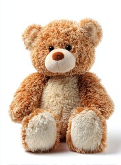 Obraz premium A soft, plush teddy bear with curly brown fur sits upright, showcasing its light tan muzzle, paws, and inner ears, creating a comforting and adorable appearance.