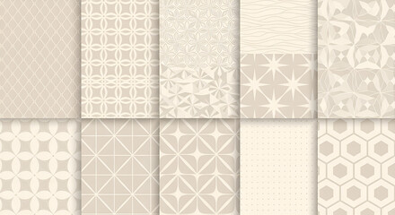 A set of ten seamless geometric patterns in a subtle beige color palette. A versatile collection of abstract decorative vector backgrounds.