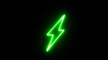 A vibrant green neon lightning bolt symbolizing energy and innovation on a stark black