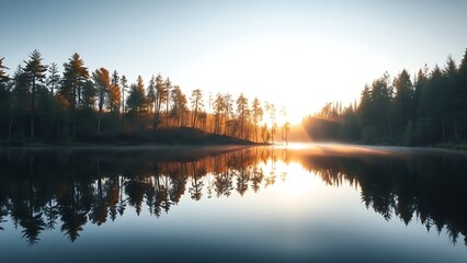 Fototapeta premium Serene forest landscape reflected in a calm lake, golden sunlight filtering through trees with perfect symmetry.