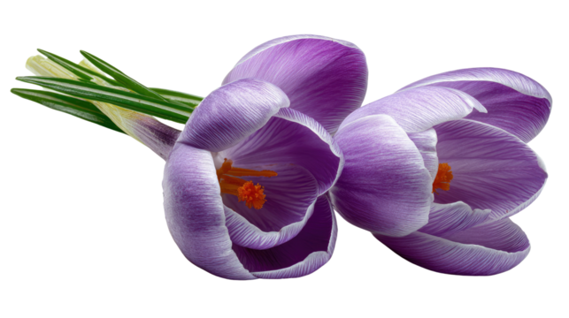 Vibrant Purple Crocus Blooms: A captivating close-up shot showcases the delicate beauty of two purple crocus flowers, revealing intricate details of their petals, stamens.