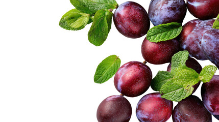 Fresh plums with mint leaves on a white isolate background.