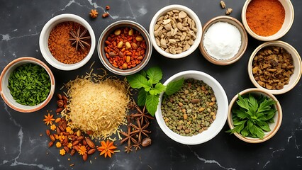An artistic arrangement of dried herbs and spices in small bowls on a dark marble surface.