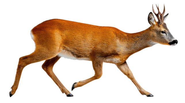 Roebuck Running: A powerful roebuck strides confidently, its form a testament to nature's agility and grace. Capturing a moment of pure, unadulterated wilderness. 