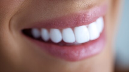 Fototapeta premium Close-up of a person's lower lip and white upper teeth with a shallow depth of field,