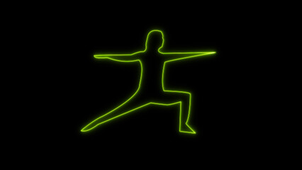 A radiant green silhouette performing warrior two embodying strength and balance on black