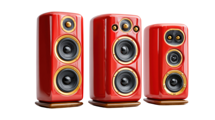 Red Sound Ensemble: A trio of vibrant red audio speakers stand proudly, designed with intricate detailing, demonstrating premium sound quality