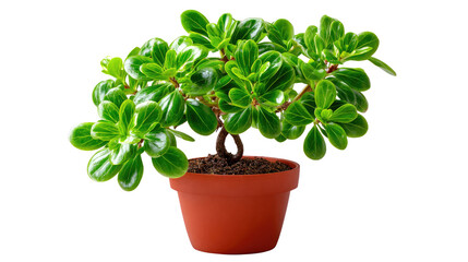 Obraz premium Potted Plant in Bloom: A lush, verdant plant with vibrant leaves thrives in a simple terra cotta pot, exuding freshness and life in a studio setting. 