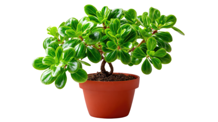 Potted Plant in Bloom: A lush, verdant plant with vibrant leaves thrives in a simple terra cotta pot, exuding freshness and life in a studio setting. 