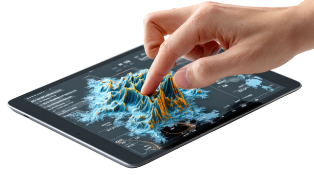 Exploring Data: An interactive experience unfolds as a hand interacts with a digital representation of data on a modern tablet, revealing insights and discoveries.