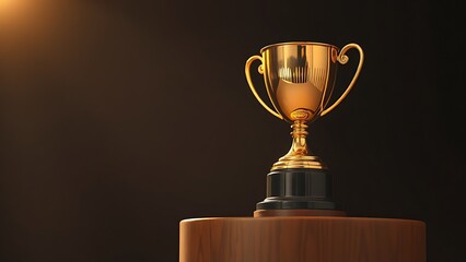 Golden trophy shining under warm spotlight, symbolizing achievement and success on a wooden podium.