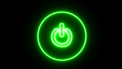 A vibrant neon green power symbol beckons initiation against a stark black background with