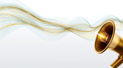 A golden megaphone with vibrant colored waves emanating from it,