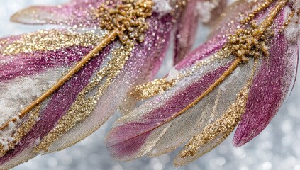 Close-up of decorative feathers,  pink, gold glitter