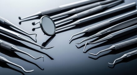 Dental tools, various types, on a reflective surface