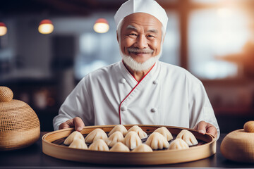 Professional asian cook skillfully preparing traditional Chinese bao buns in a bustling restaurant kitchen, showcasing culinary expertise and passion