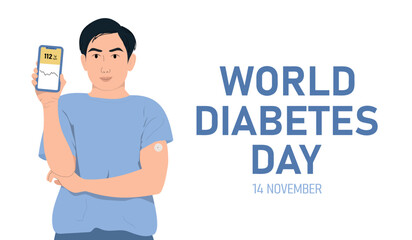Creative illustration, poster or banner of world diabetes day awareness. A person uses a mobile application for diabetics. Vector illustration