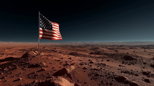 Historic american flag raising on mars science fiction landscape futuristic environment dramatic viewpoint
