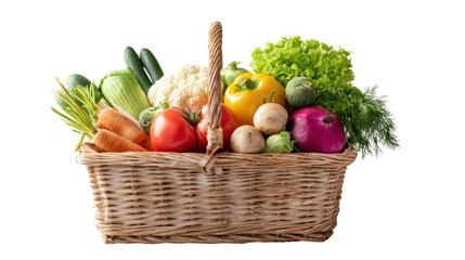 Fresh vegetables in a wicker basket, isolated on a white background.