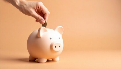 Person Inserting Coin Into Piggy Bank Symbolizing Savings Financial Responsibility and Future Security