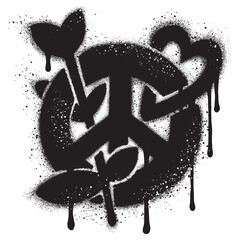 Peace icon with rose flower and heart in graffiti style.