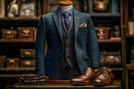 Modern formalwear scene featuring double breasted navy blue jacket
