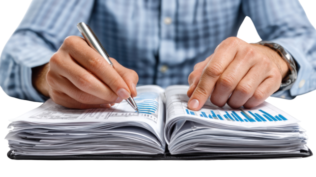Focused Details: A person meticulously reviews financial data in a bound book, captured with precision and clarity. The scene conveys diligent attention to detail and the essence of thorough work.