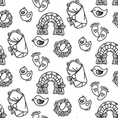 Doodle pattern children's items. Rainbow, envelope bear, bird, duck, nest, traces with hearts. Young child, development. Check-out. Monochrome seamless texture. Black outline on white. Packaging