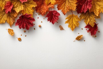orange and red maple autumn leaves on top. white copy space background