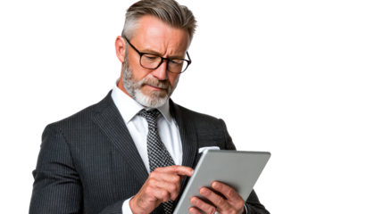 Focused Executive: A distinguished, grey-haired executive engrossed in his tablet, his determined expression reflecting professional focus and technological engagement.